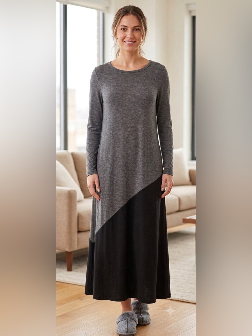 Grey & Black Long Stretch Lounging Dress L Rayon Blend